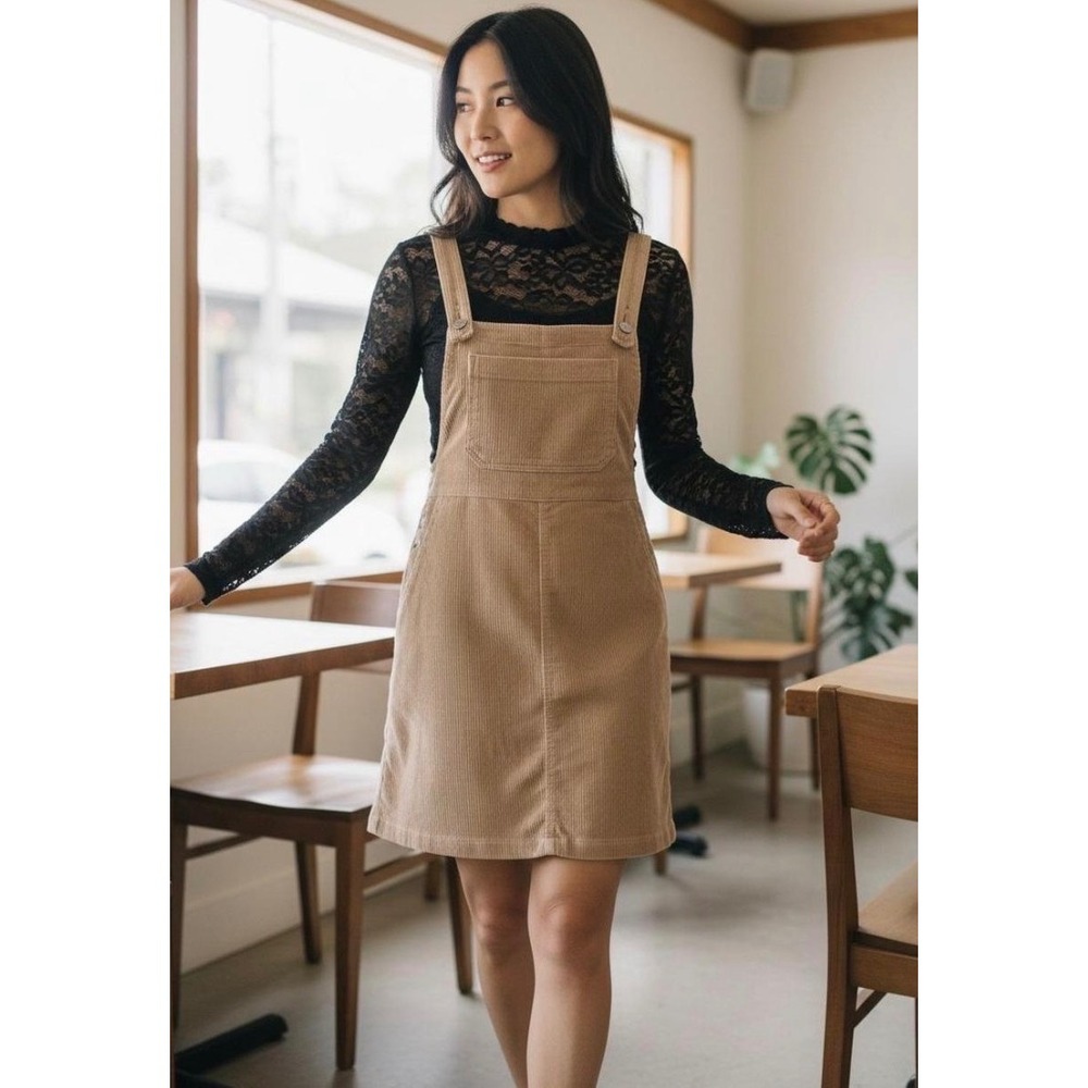 American Eagle Corduroy Overall Dress Womens Large Tan Light Academia Fall
